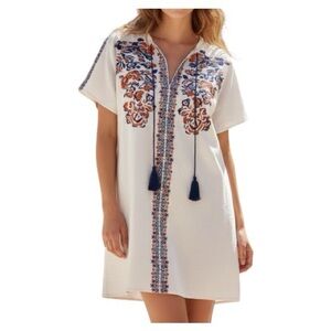 THML Embroidered Cotton Shift Dress with Tassels Cream Orange Navy Blue - Large